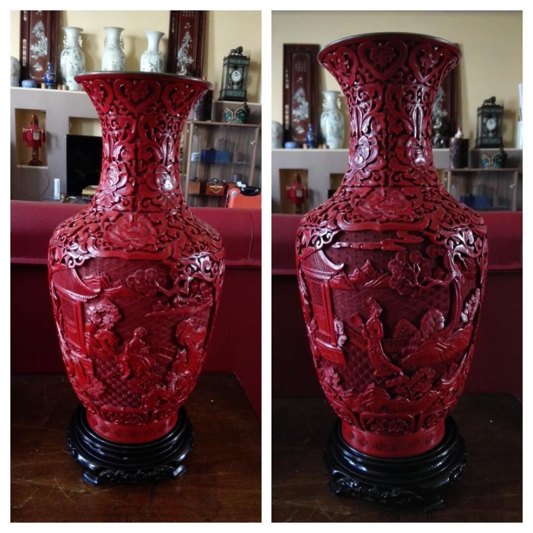 Emaux & laque珐琅漆器: 铜胎剔红人物花卉瓶A38cm
